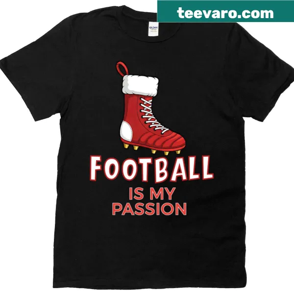 Christmas-themed t-shirt showcasing a football boot in a stocking