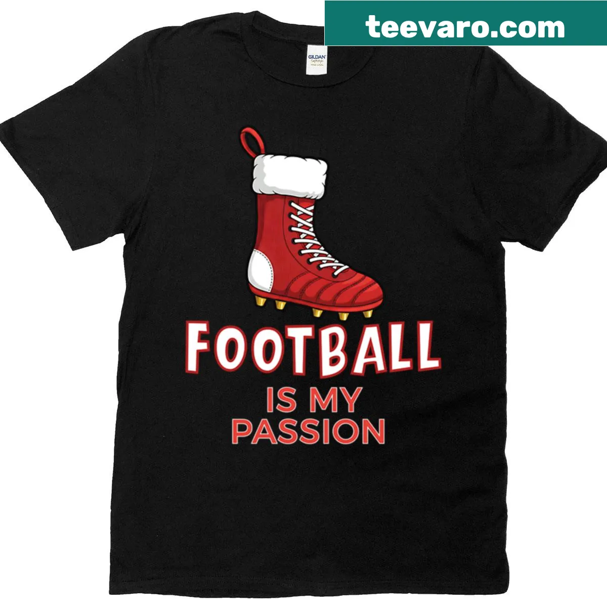 Christmas-themed t-shirt showcasing a football boot in a stocking — on a men's t-shirt
