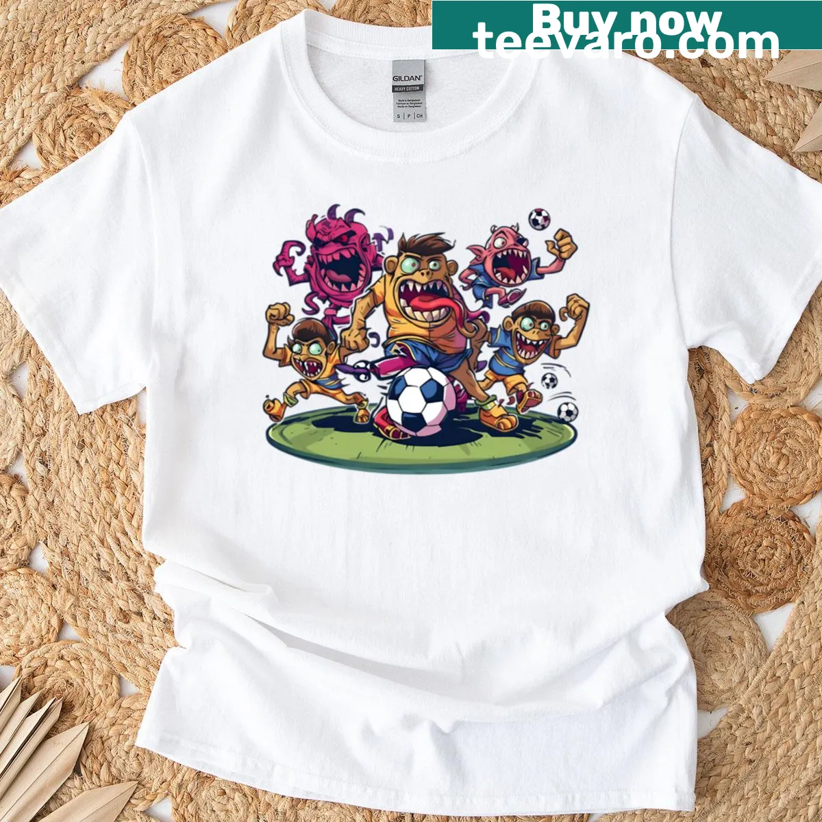 Cartoon monsters playing football in a humorous T-shirt design. — on a men's t-shirt