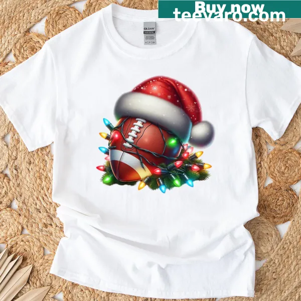 Christmas-themed football T-shirt with Santa hat and lights
