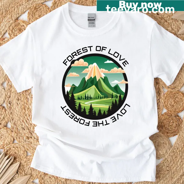 Illustrated forest scene with heart-shaped trees on a t-shirt