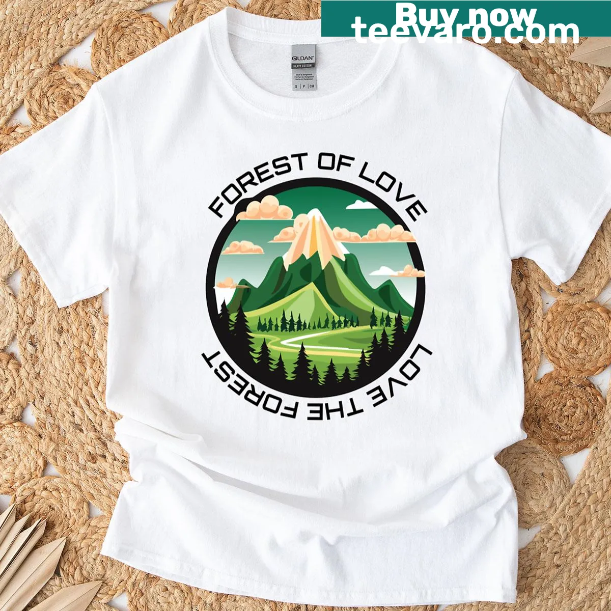Illustrated forest scene with heart-shaped trees on a t-shirt — on a men's t-shirt