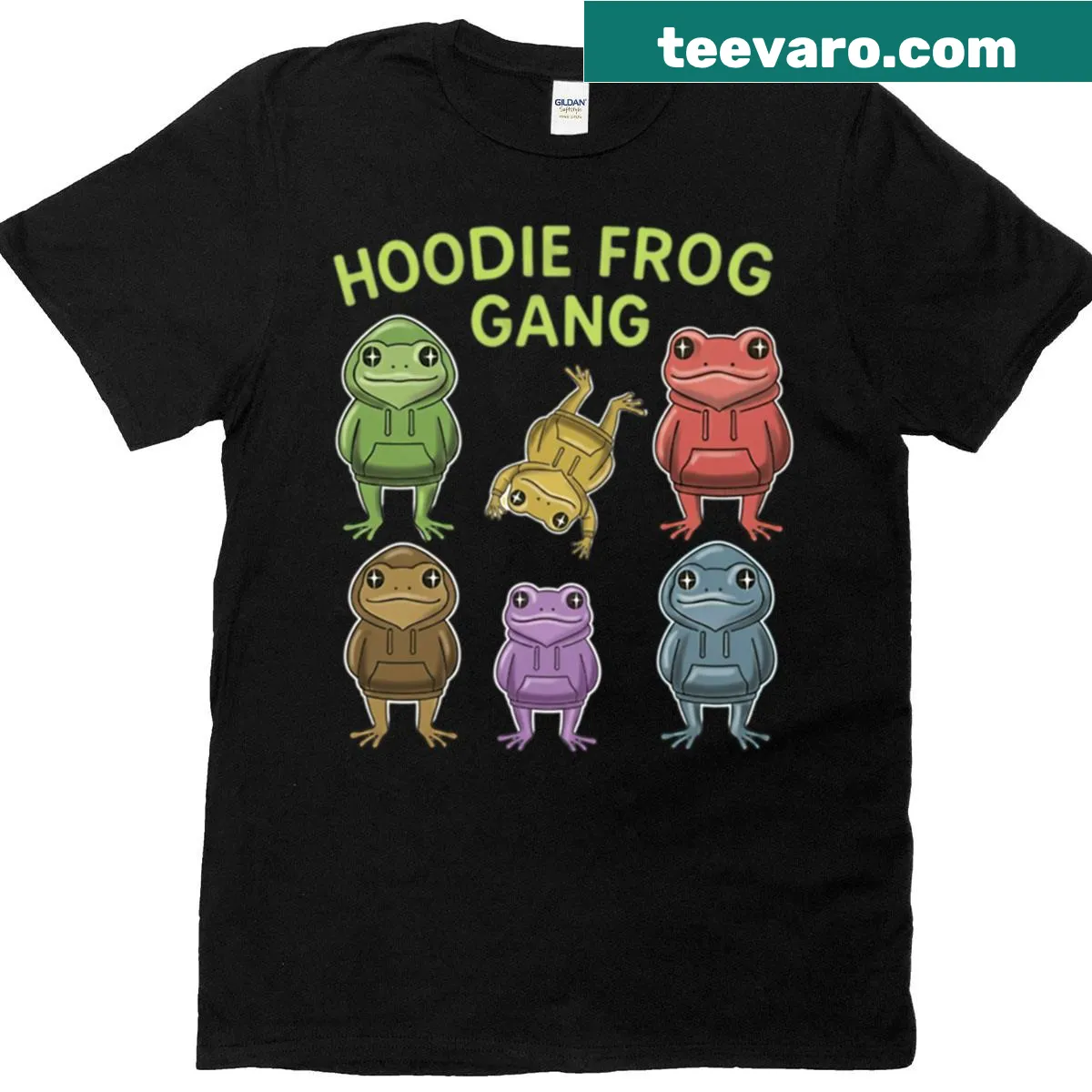 T-shirt featuring a playful illustration of a frog gang. — on a men's t-shirt