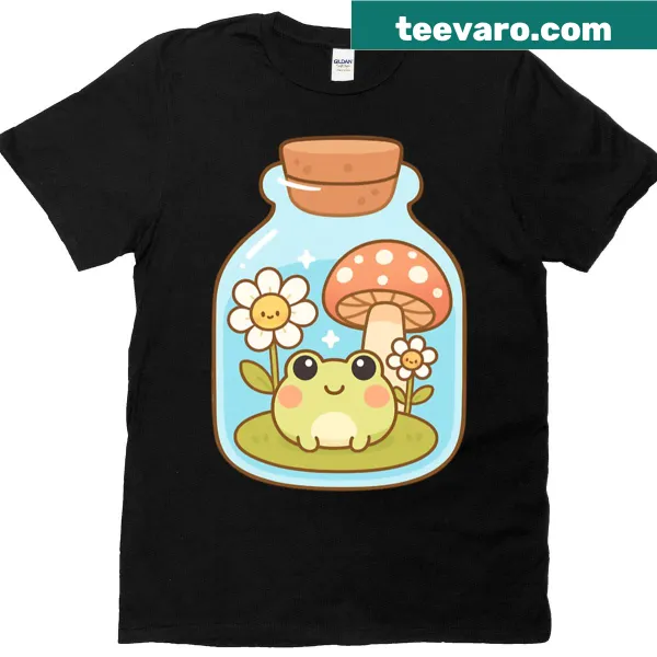 Whimsical T-shirt with illustration of a frog in a bottle
