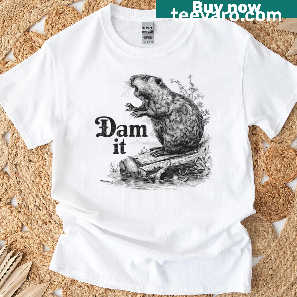 Vintage beaver illustration t-shirt with humorous pun — on a men's t-shirt