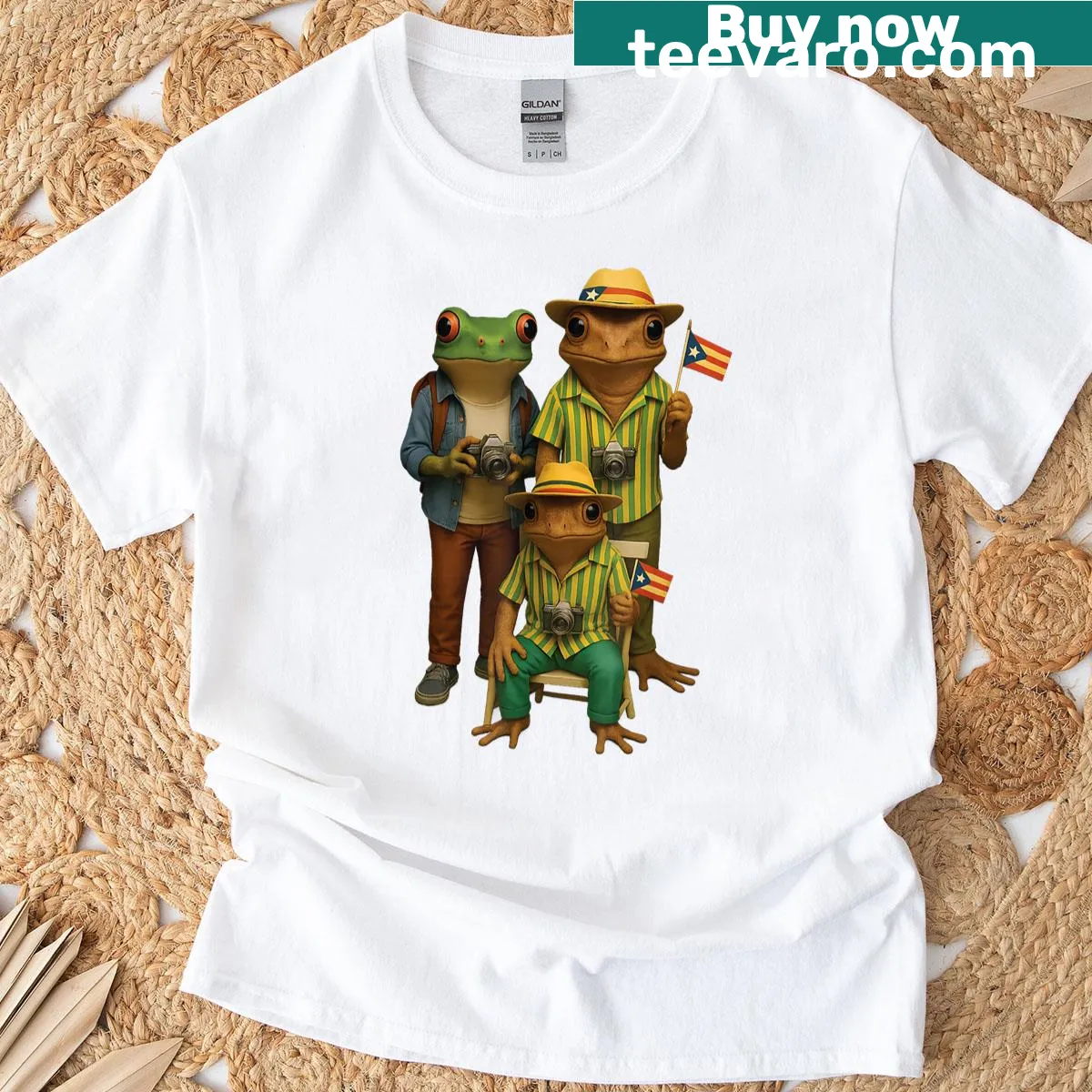 Cartoon Coqui Frog t-shirt with Puerto Rico flag design — on a men's t-shirt