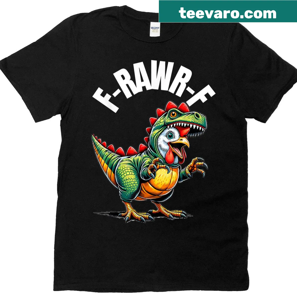 Funny dinosaur and chicken quote graphic T-shirt for men — on a men's t-shirt