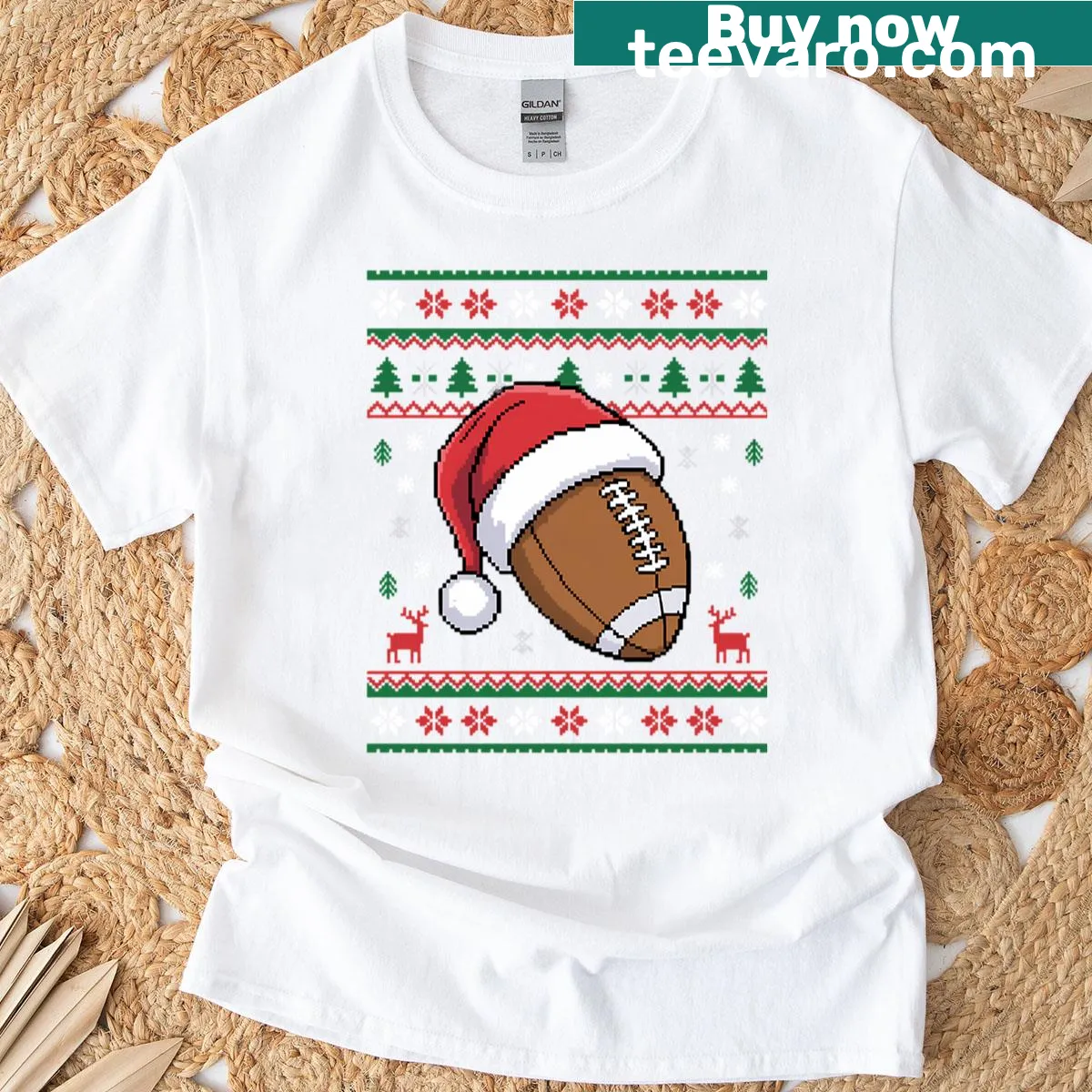 Funny football-themed ugly Christmas T-shirt for men — on a men's t-shirt
