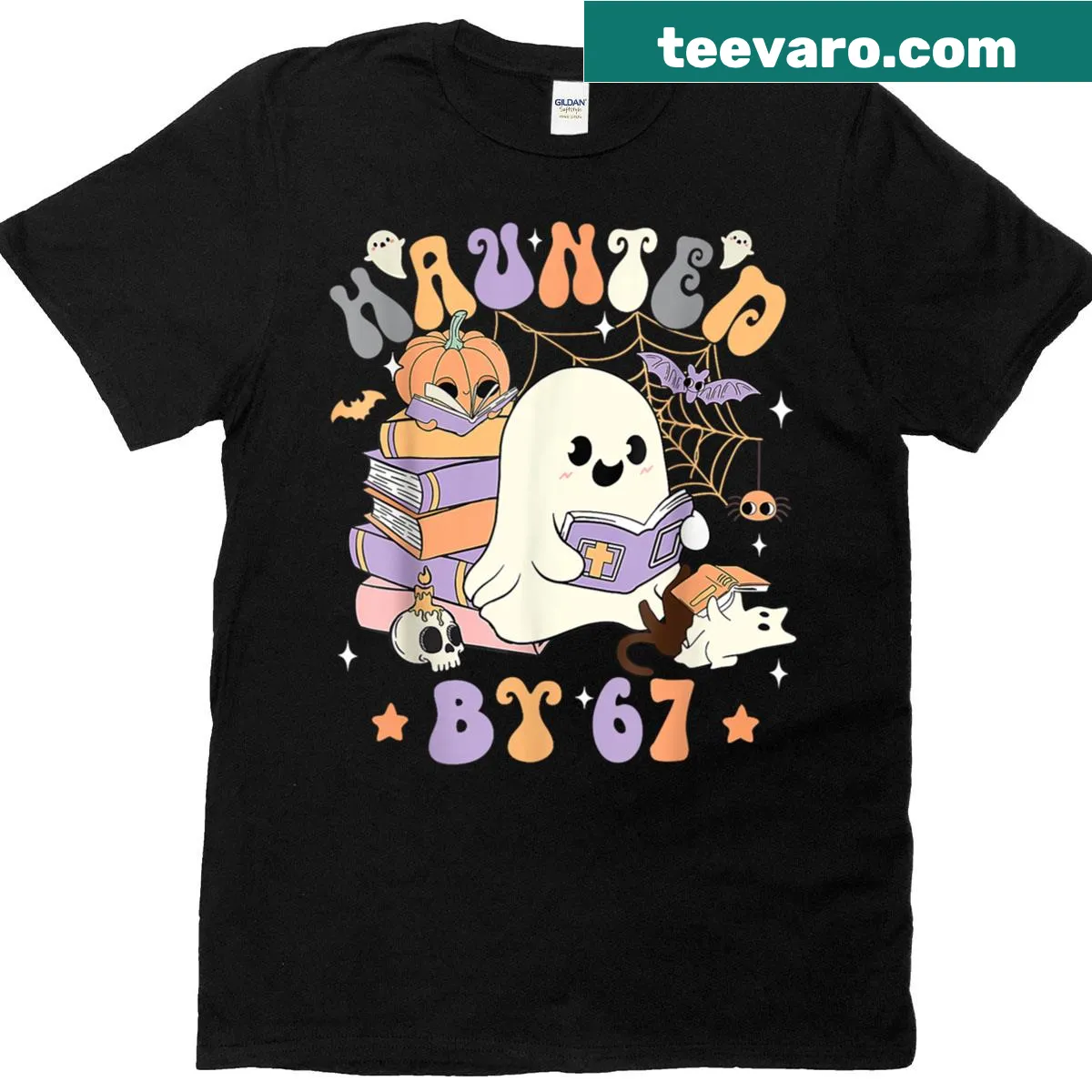 Halloween-themed t-shirt with a ghost and pumpkin illustration and text — on a men's t-shirt