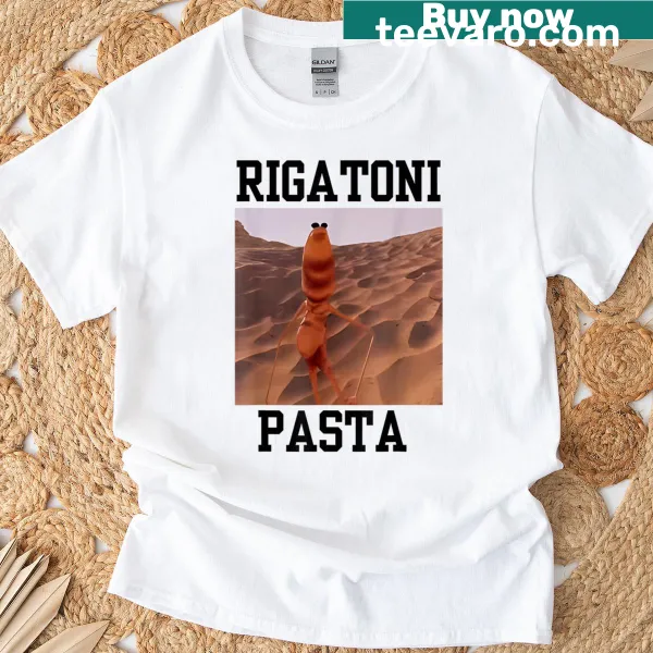 Pasta-themed t-shirt featuring a cartoon worm on rigatoni.