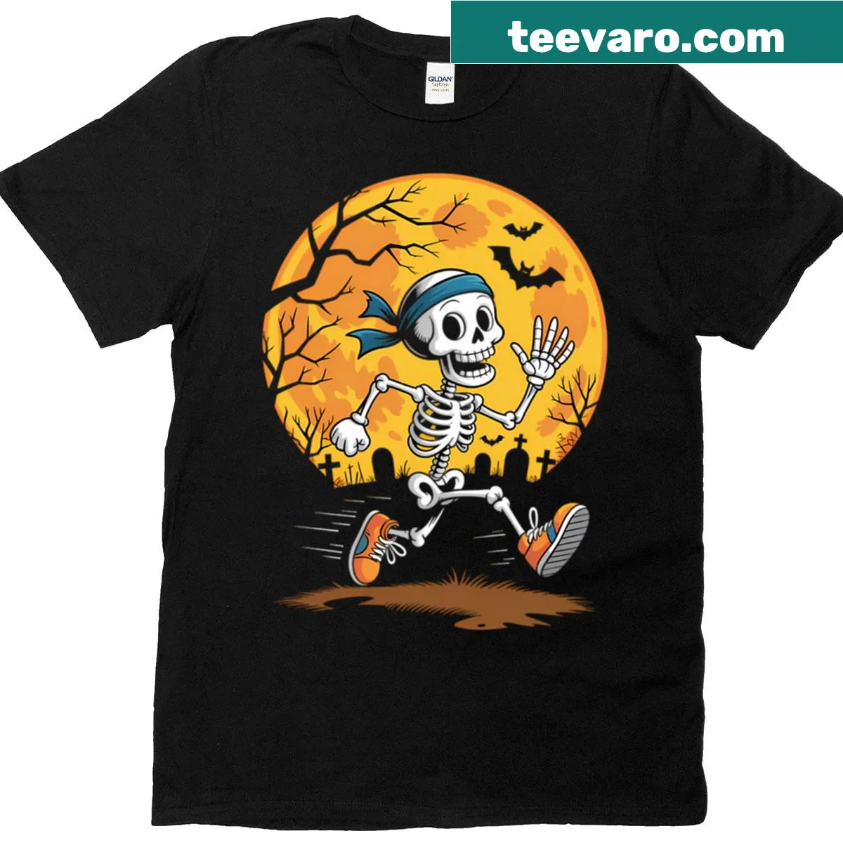 Funny running skeleton graphic on Halloween sport t-shirt — on a men's t-shirt