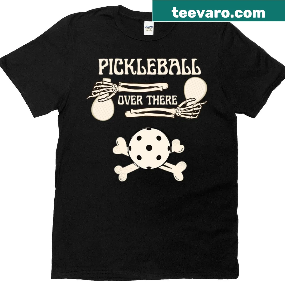 Funny skeleton graphic on a pickleball-themed T-shirt — on a men's t-shirt