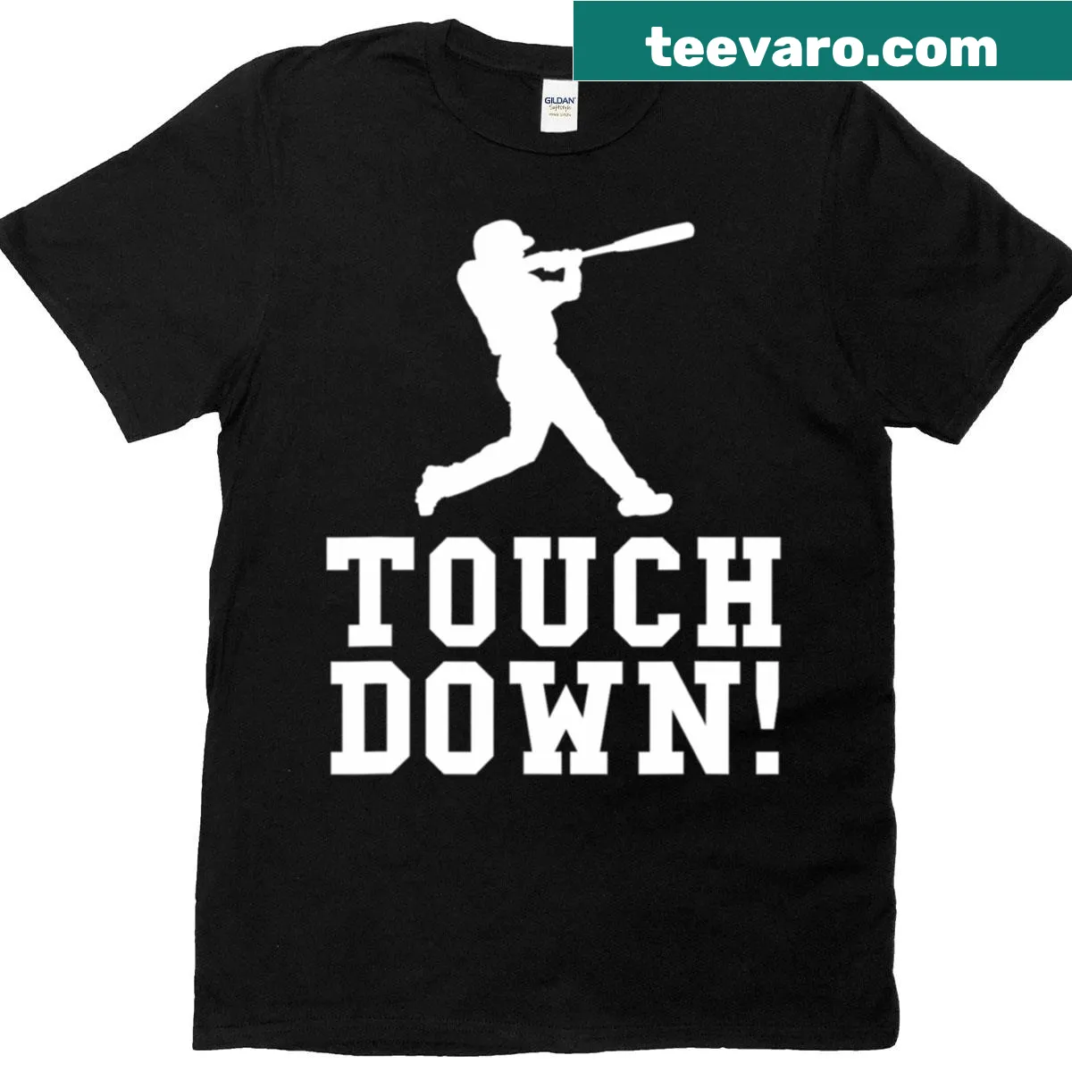 Humorous sports graphic blending baseball and football — on a men's t-shirt