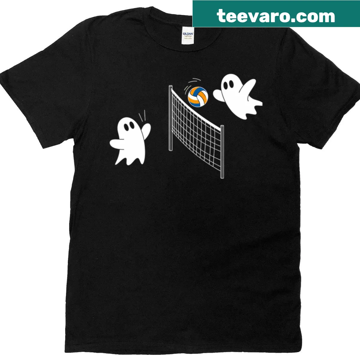 Funny ghost playing volleyball graphic on Halloween t-shirt — on a men's t-shirt