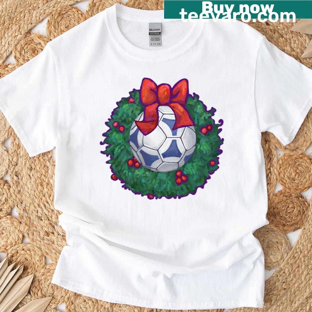 Futbol-themed Christmas wreath illustration on T-shirt — on a men's t-shirt