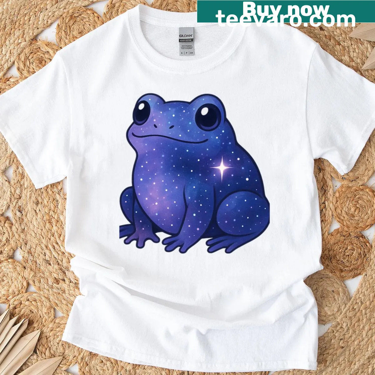Cute frog graphic with cosmic elements on a t-shirt — on a men's t-shirt