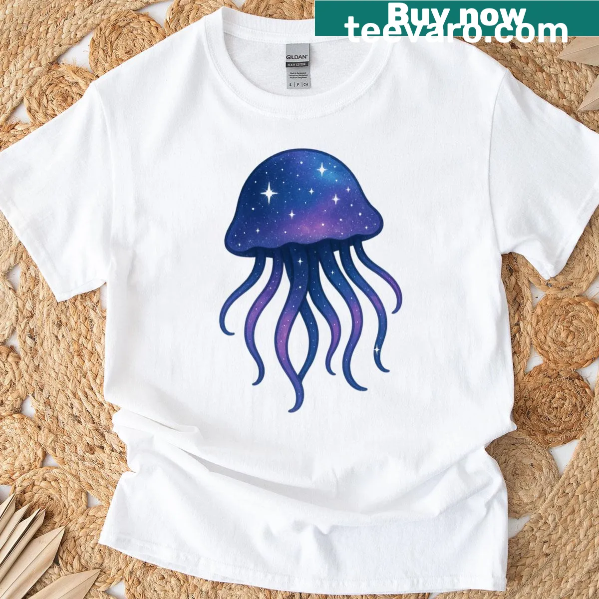 Jellyfish in a cosmic ocean design on a T-shirt — on a men's t-shirt