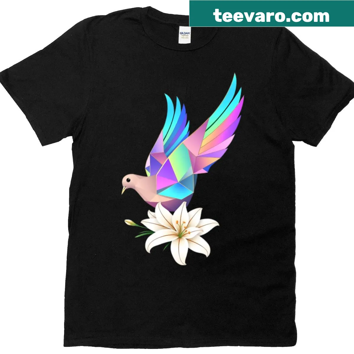 Modern t-shirt featuring a geometric dove and white flower design — on a men's t-shirt