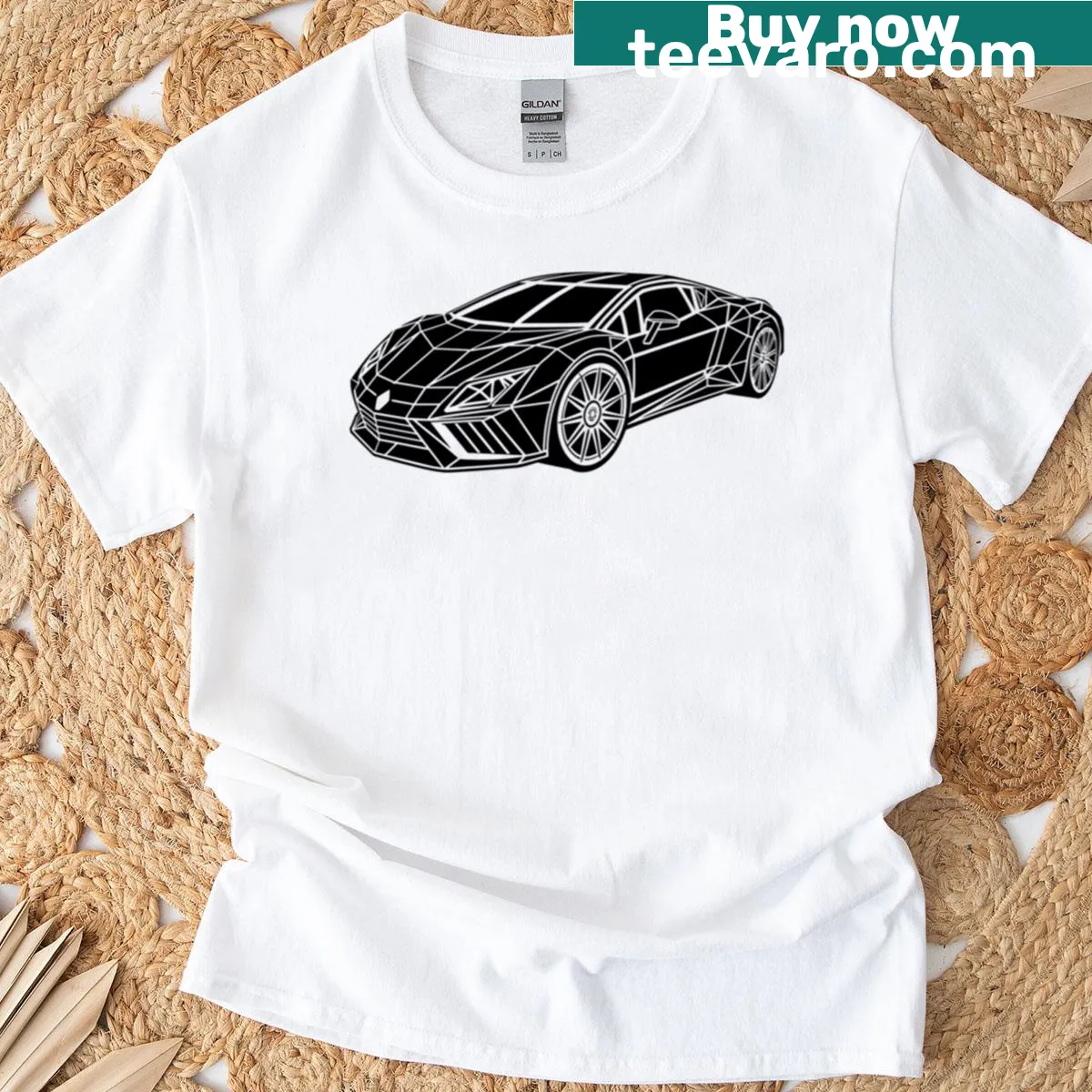 T-shirt with minimalist line-art illustration of a futuristic supercar — on a men's t-shirt
