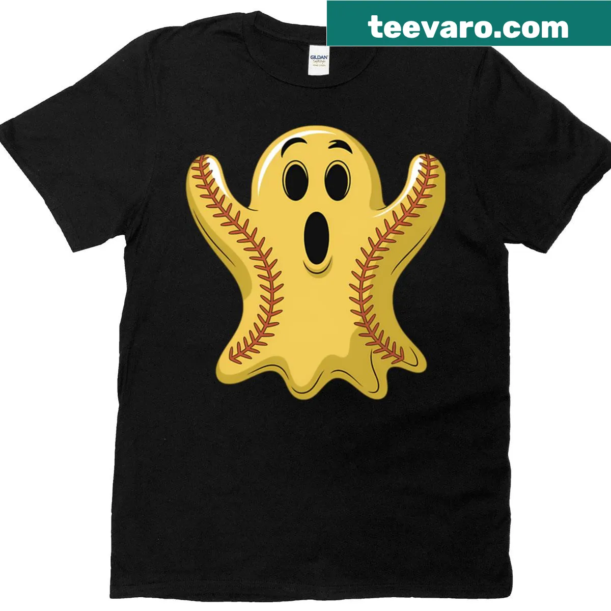 Illustration of a ghost playing softball for Halloween — on a men's t-shirt