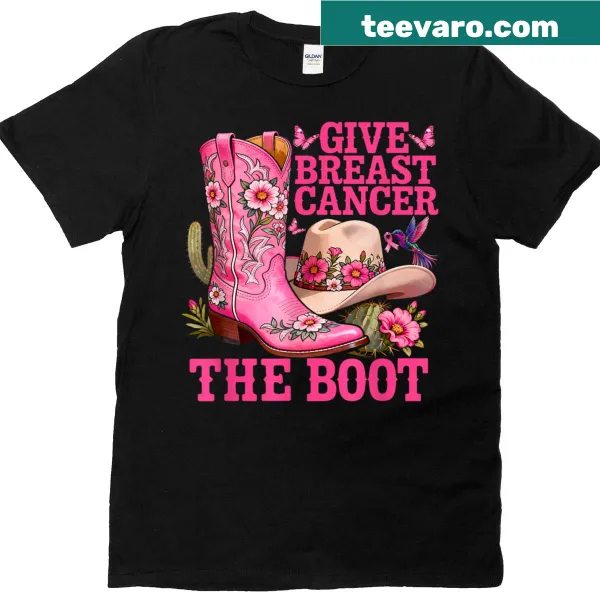 Cowgirl-themed T-shirt with pink ribbon and boot design