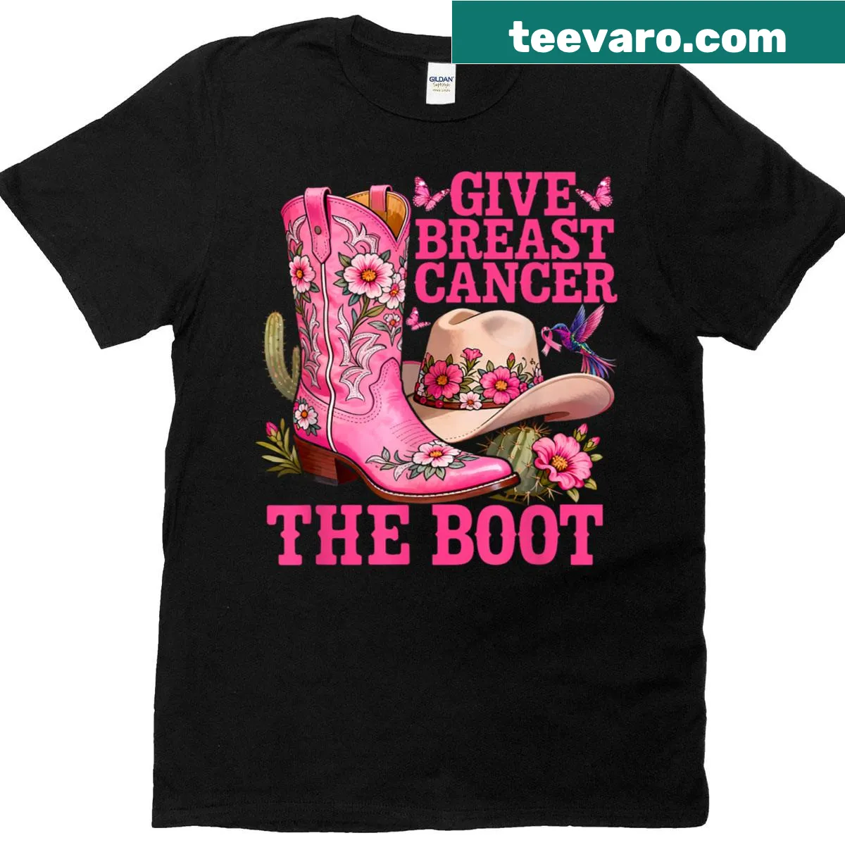 Cowgirl-themed T-shirt with pink ribbon and boot design — on a men's t-shirt