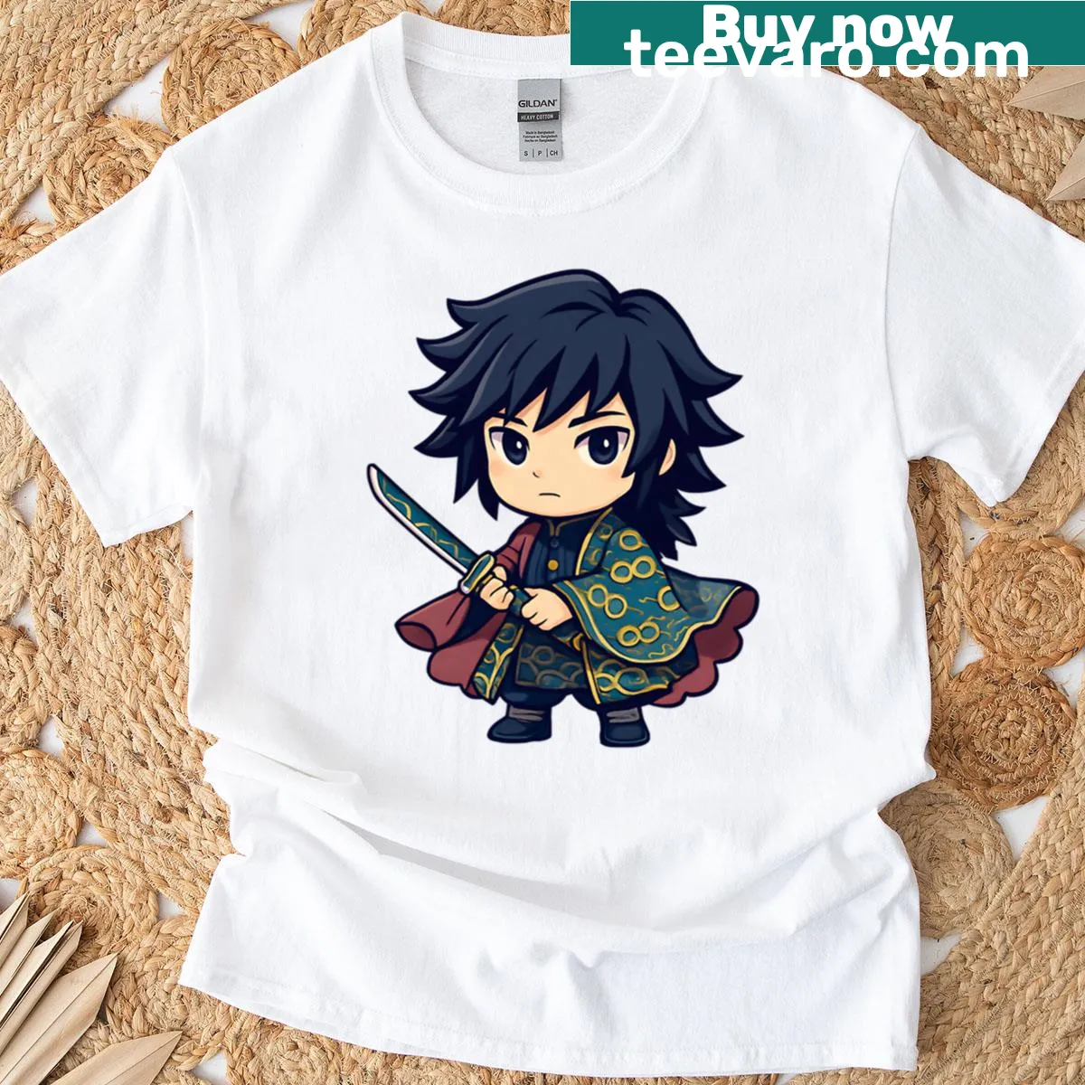 Stylized Giyu Tomioka graphic t-shirt inspired by anime — on a men's t-shirt