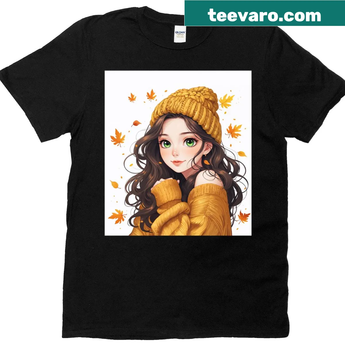 Charming fall-themed T-shirt with a girl in a knitted beanie — on a men's t-shirt
