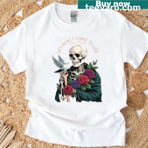 Gothic skeleton with rose and dove design and Bible quote