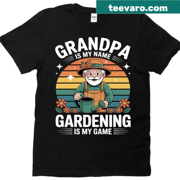 Illustrated garden scene on a grandpa gardening t-shirt