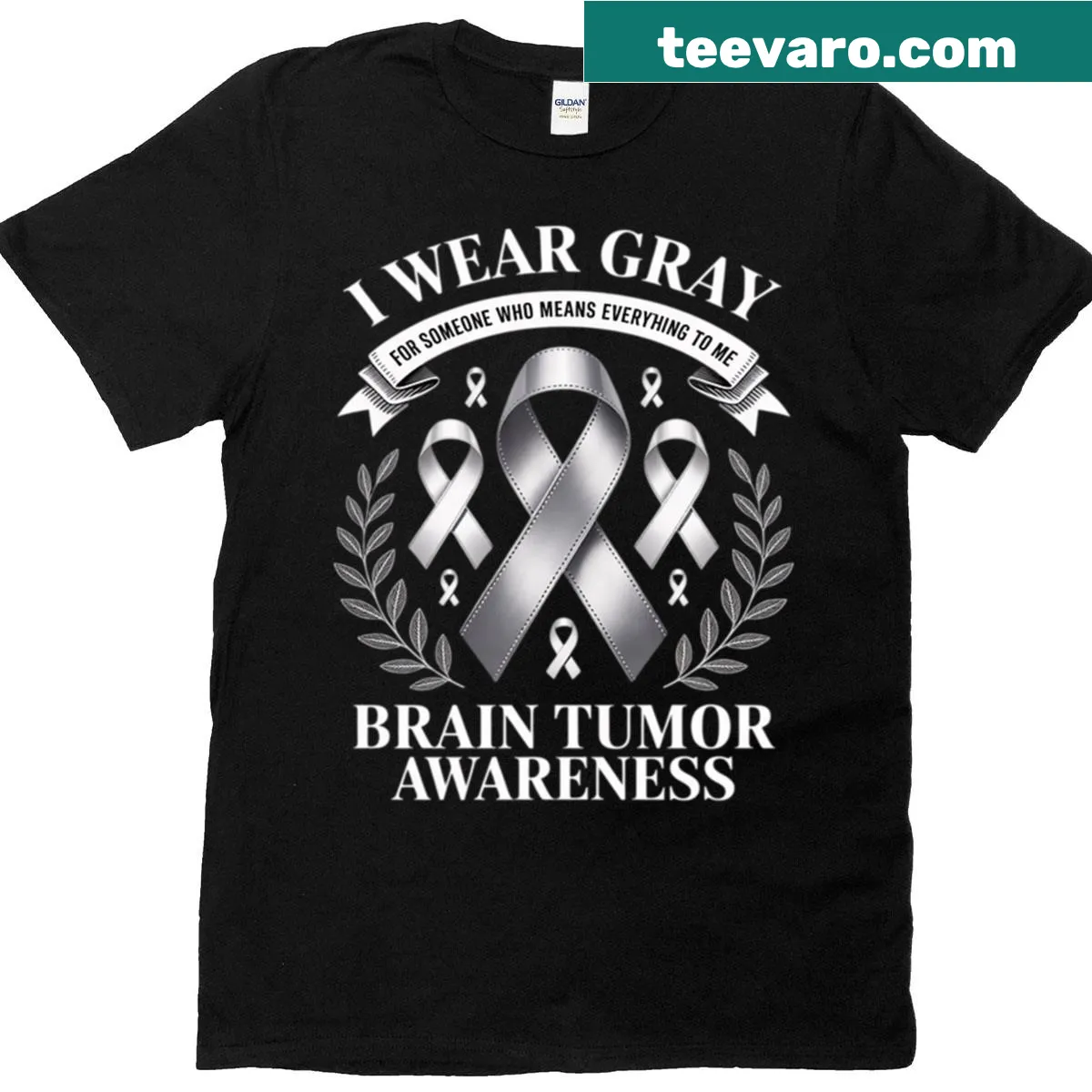 Gray awareness ribbon t-shirt for brain cancer awareness — on a men's t-shirt