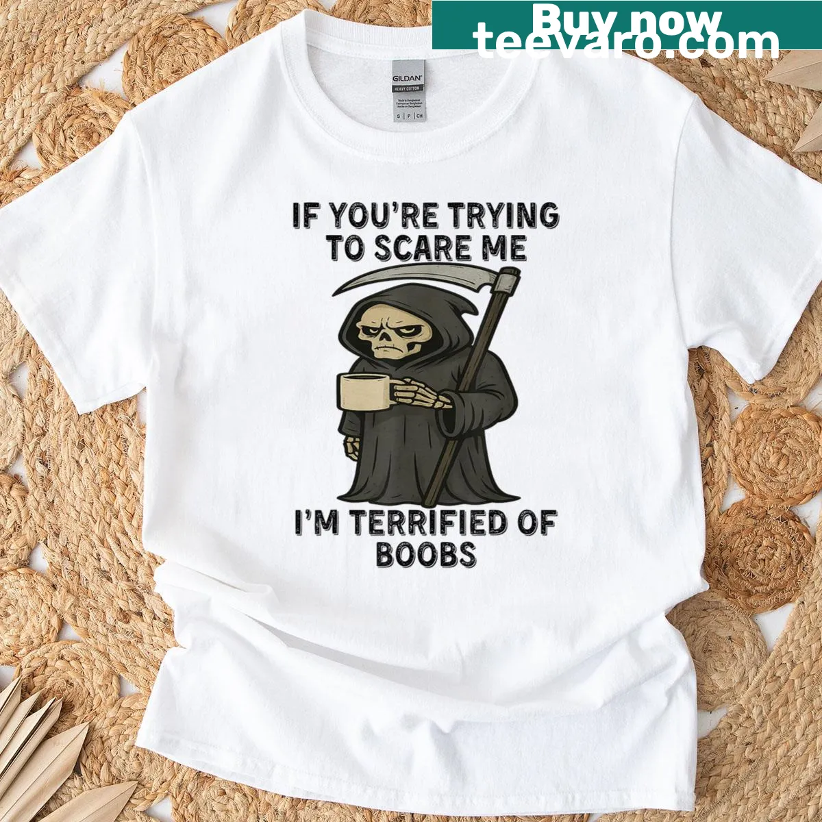 Graphic t-shirt featuring a Grim Reaper with humorous text — on a men's t-shirt