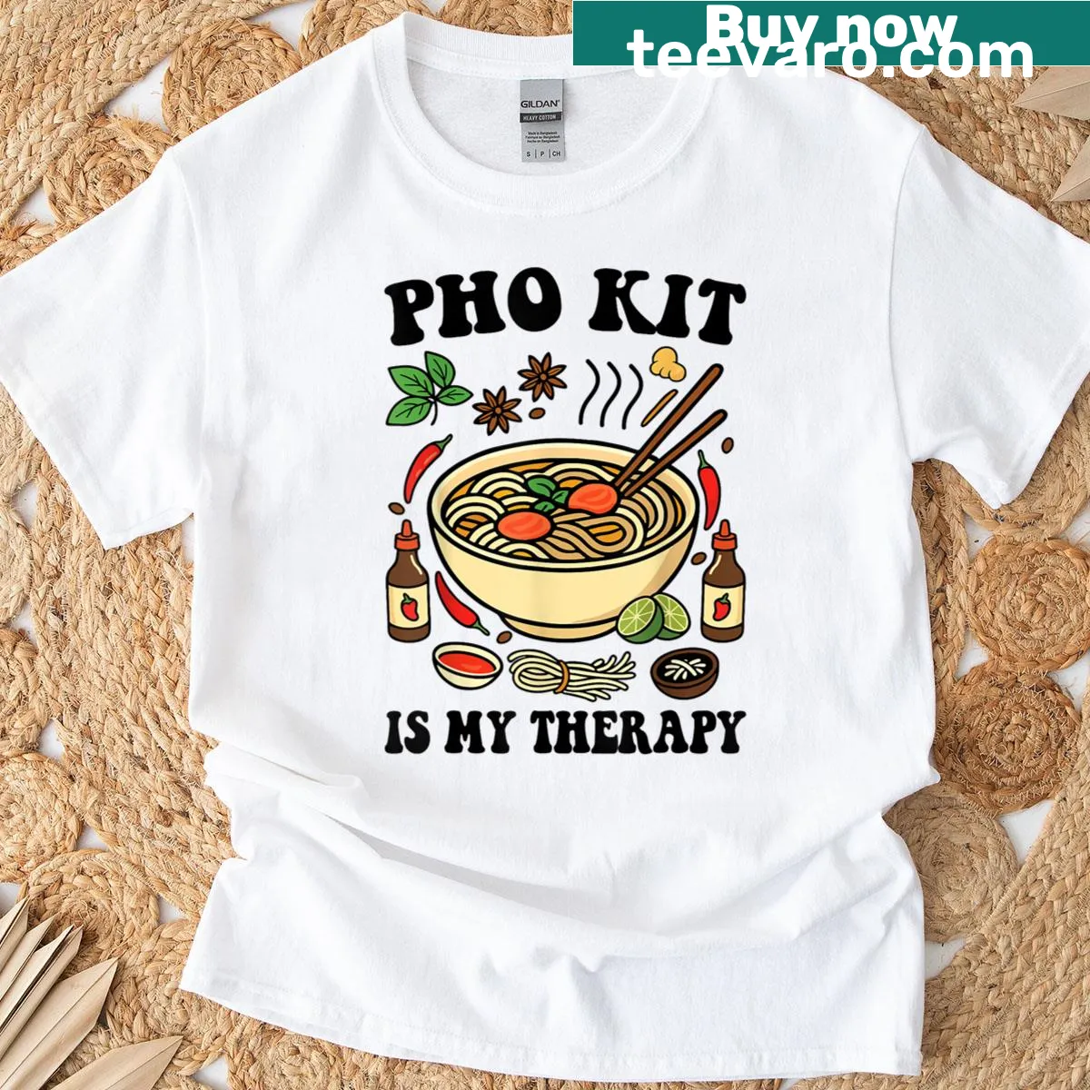 Illustrative pho kit with herbs and hot sauce graphic. — on a men's t-shirt