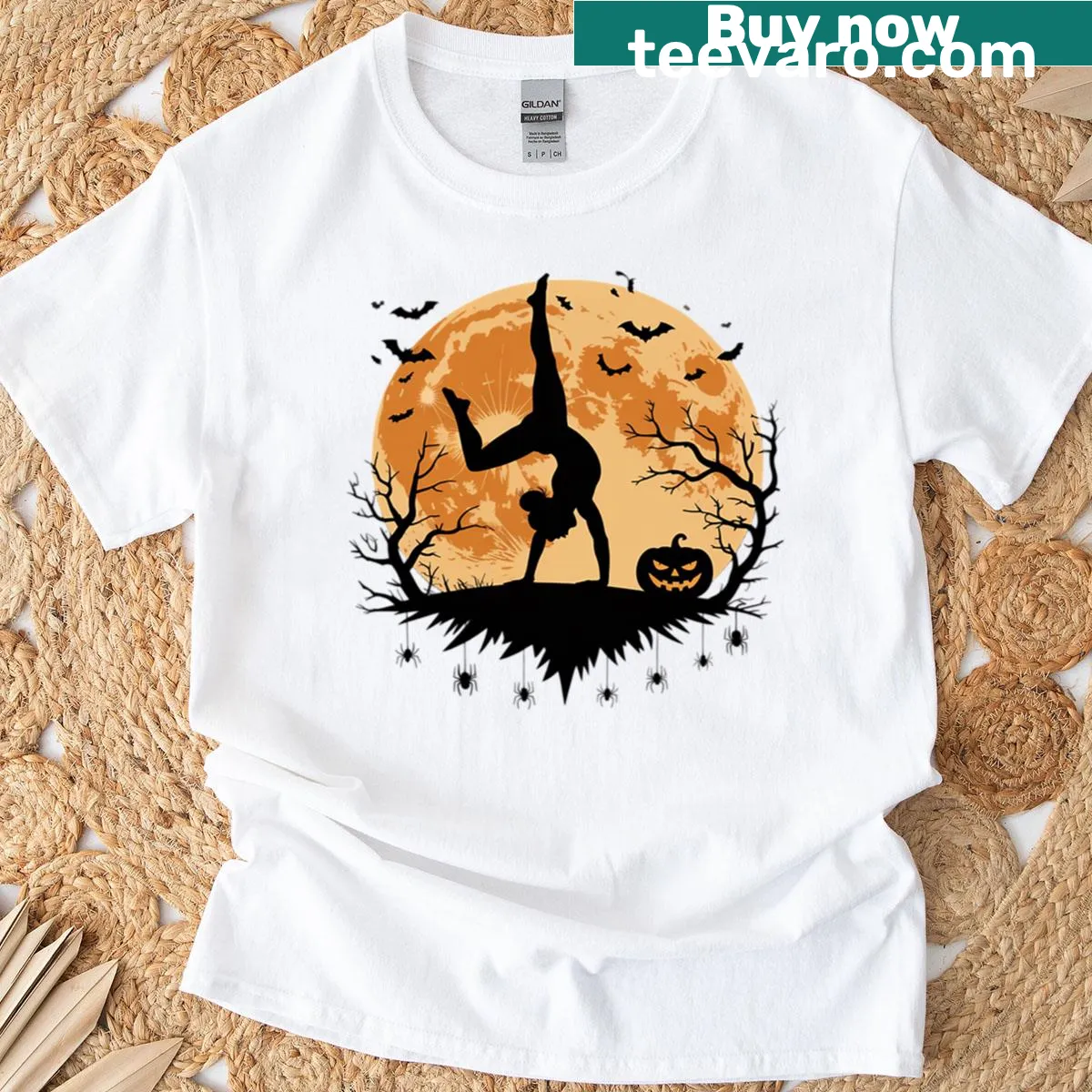Halloween-themed gymnastics t-shirt with spooky typography — on a men's t-shirt