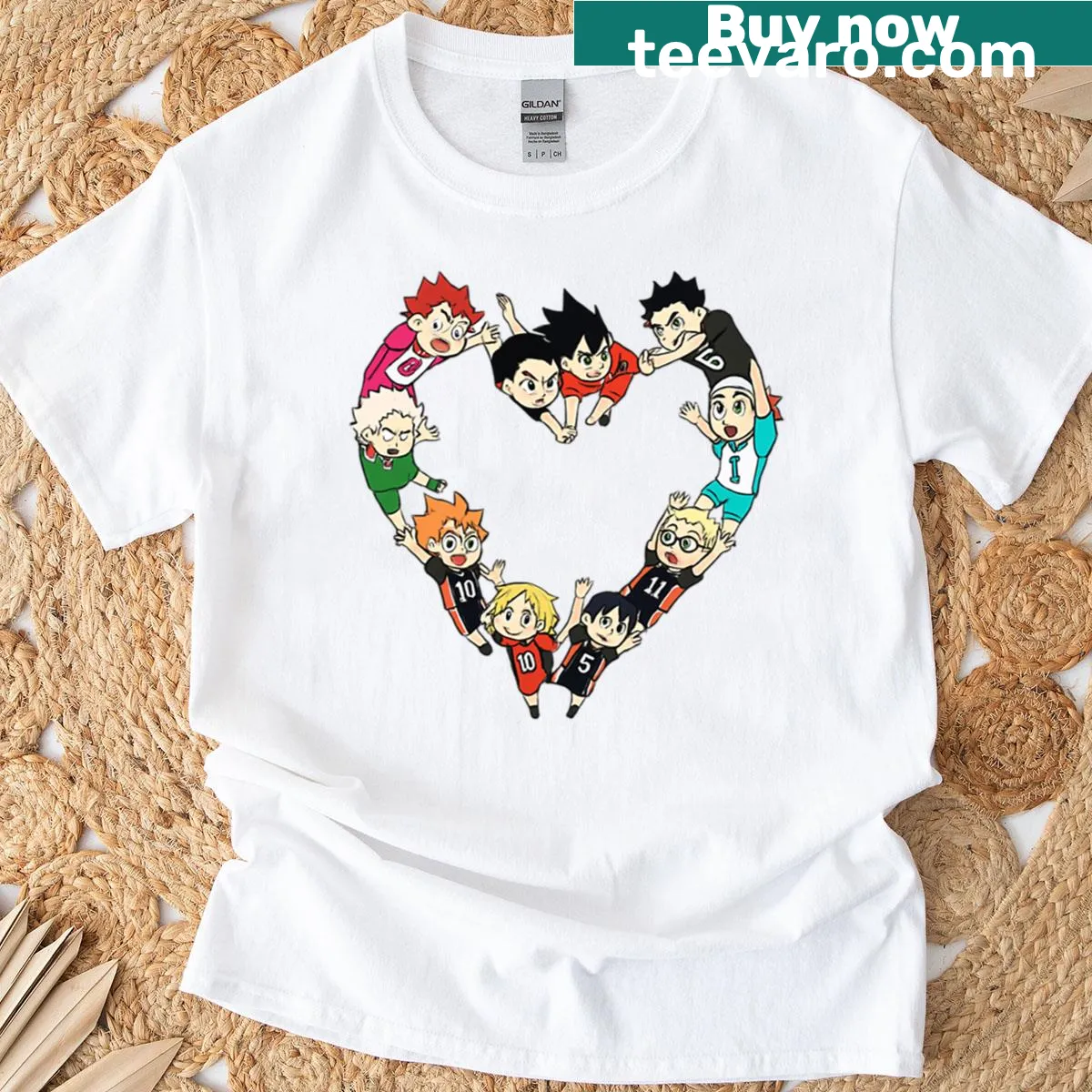 Heart-shaped collage of Haikyuu characters in an illustrative design — on a men's t-shirt