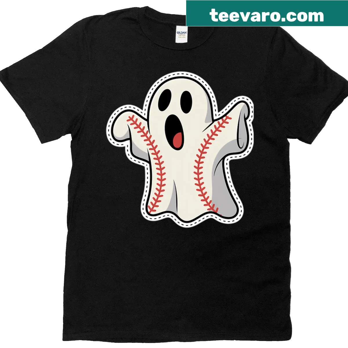 Whimsical ghost in baseball gear Halloween costume shirt — on a men's t-shirt