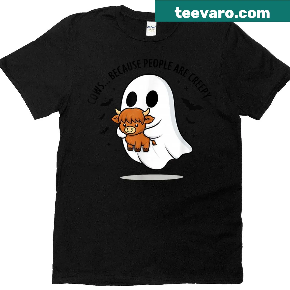 Funny Halloween T-shirt featuring cute ghost cows design — on a men's t-shirt