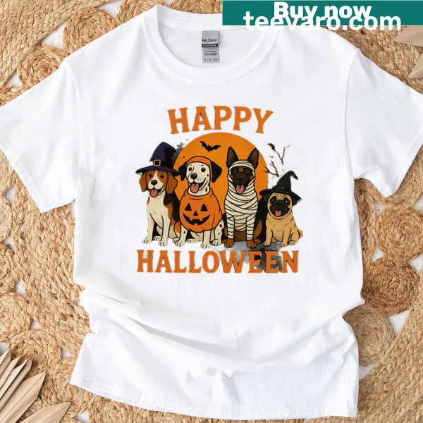 Halloween-themed t-shirt with dogs in festive costumes