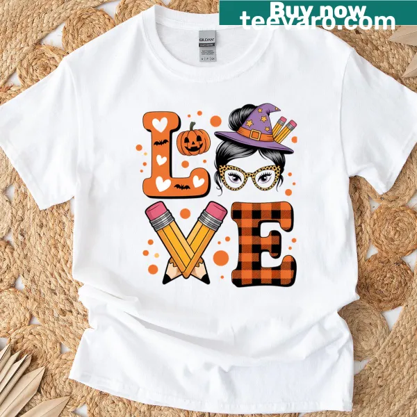 Cute teacher t-shirt with messy bun and Halloween elements