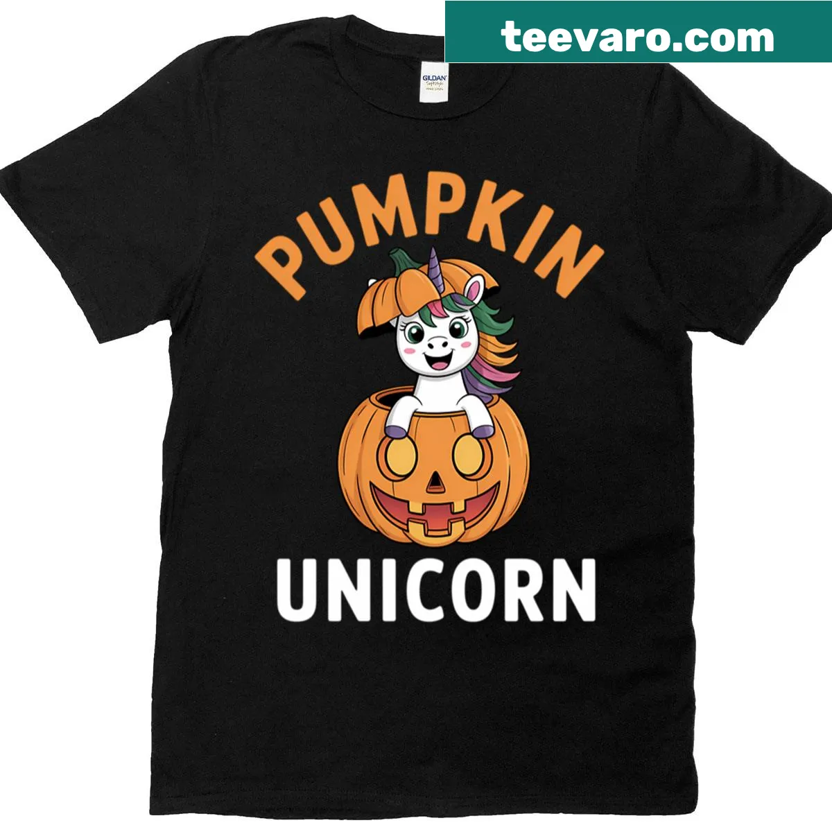 Cute pumpkin unicorn design Halloween t-shirt — on a men's t-shirt