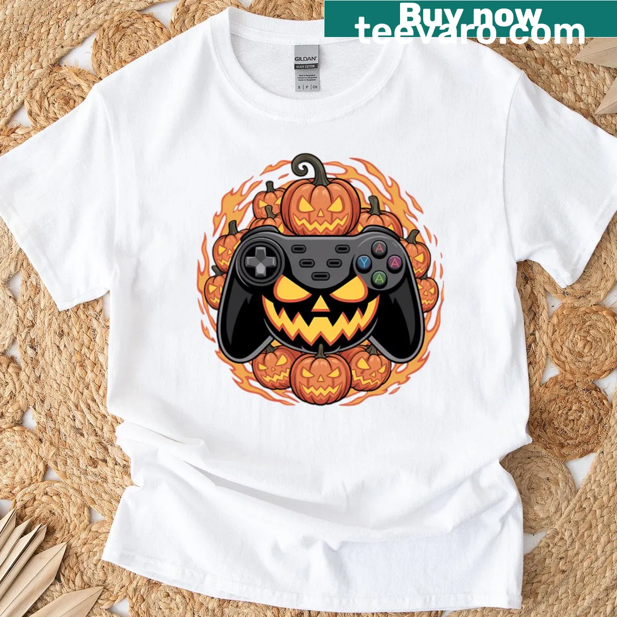 Cartoon pumpkin in gamer gear for Halloween fun — on a men's t-shirt