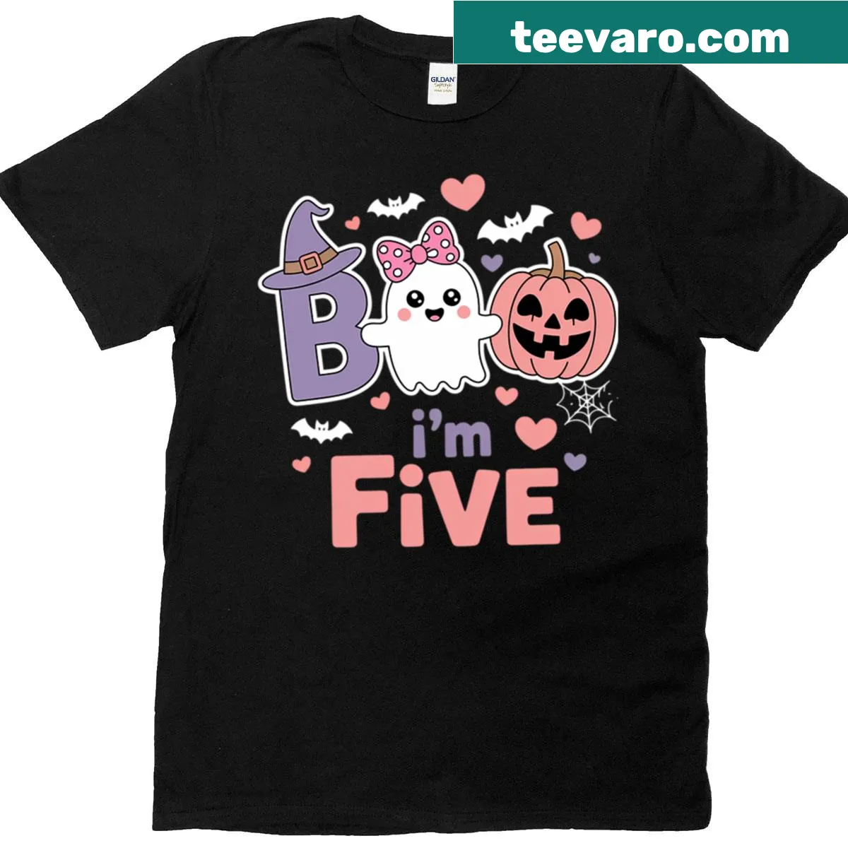 Halloween T-shirt with Boo I'm Five text and ghost graphic — on a men's t-shirt