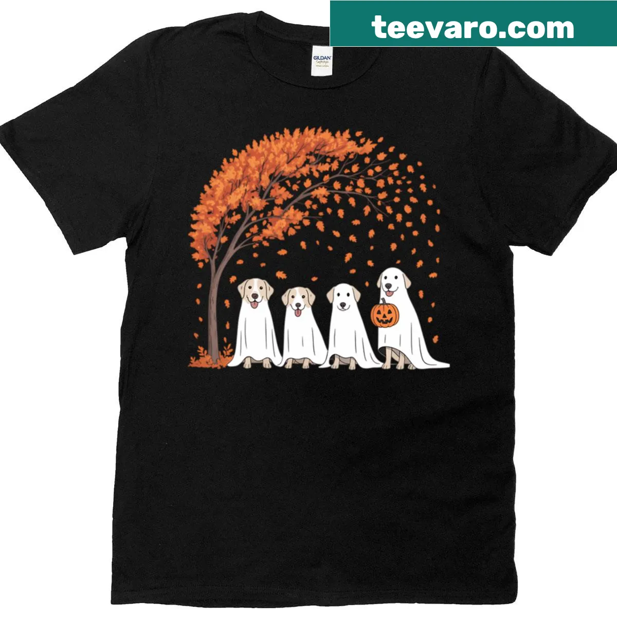 Halloween T-shirt with a ghost dog design — on a men's t-shirt