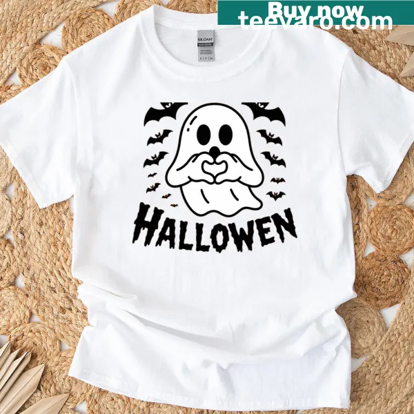 Cute ghost making heart shapes with hands for Halloween