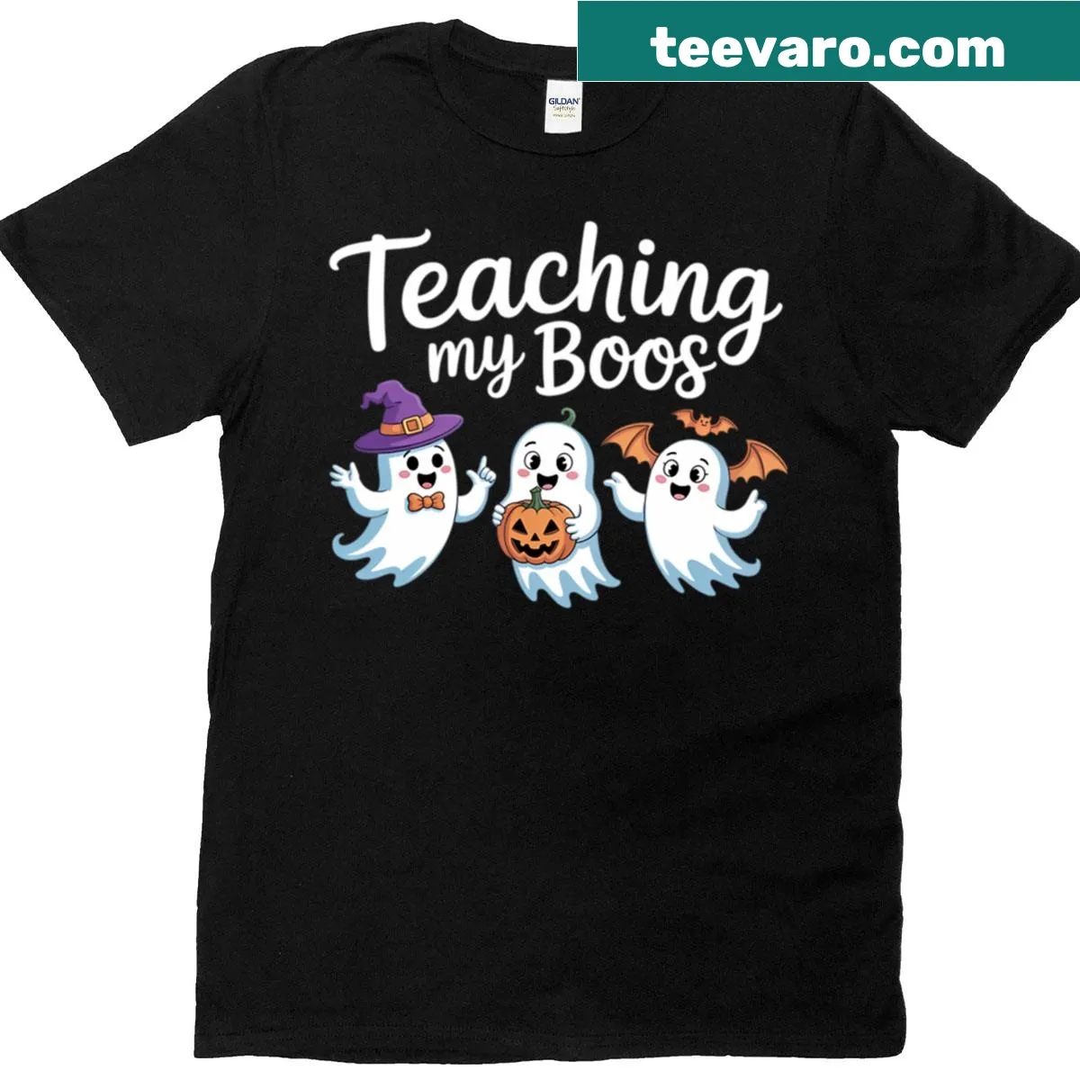 Whimsical Halloween t-shirt for teachers featuring cute ghosts — on a men's t-shirt