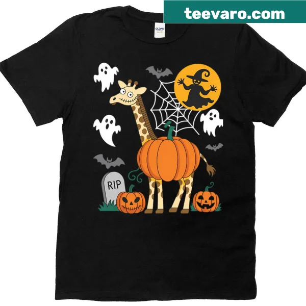 Cartoon giraffe in costume with pumpkins and ghosts on T-shirt