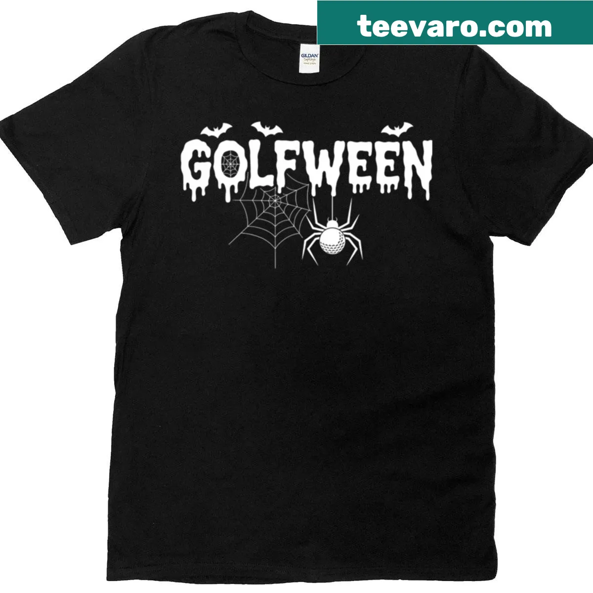 Playful Halloween golf-themed t-shirt with spider webs design — on a men's t-shirt
