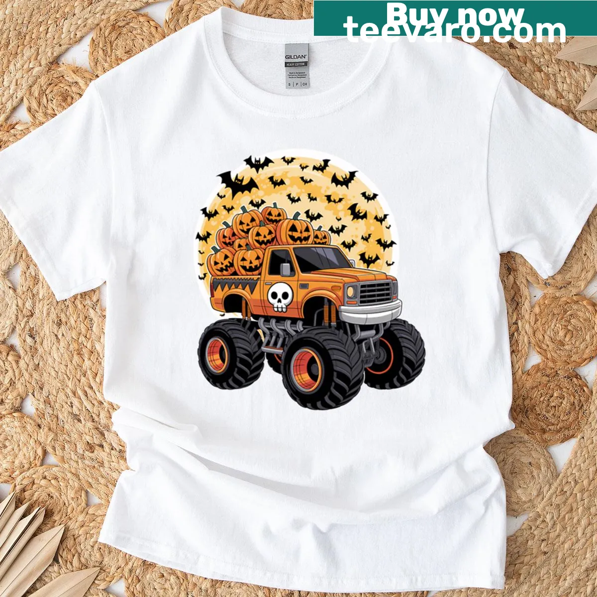 Halloween t-shirt with a monster truck smashing a pumpkin illustration — on a men's t-shirt