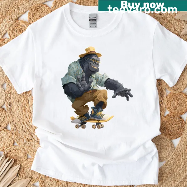 T-shirt featuring a happy gorilla illustration on a skateboard