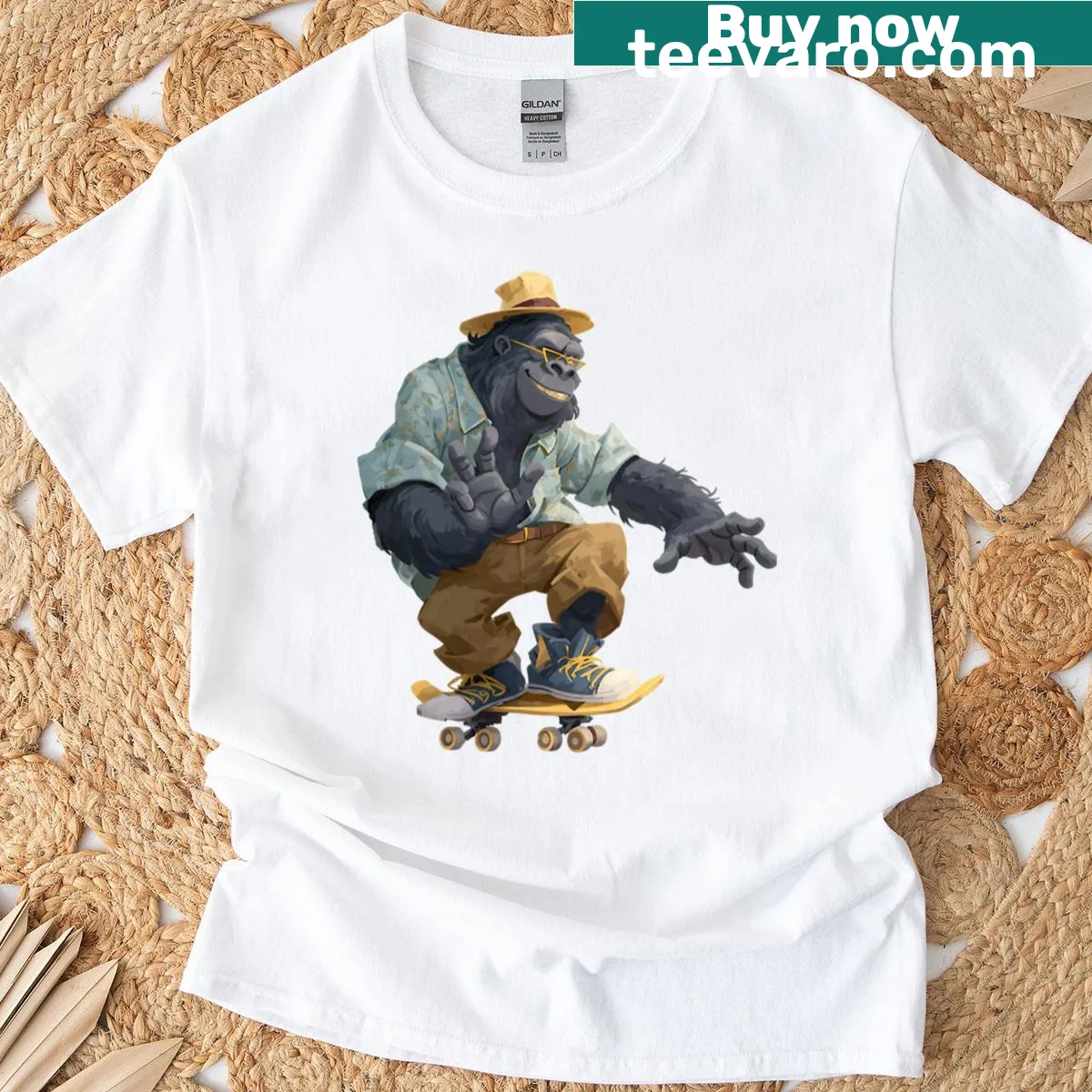 T-shirt featuring a happy gorilla illustration on a skateboard — on a men's t-shirt